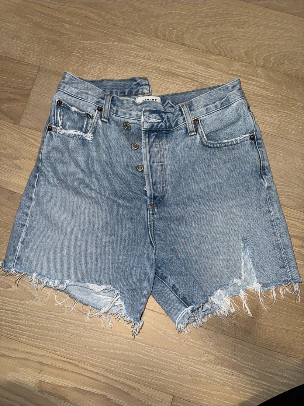 AGOLDE Light Blue Distressed High-Rise Denim Shorts